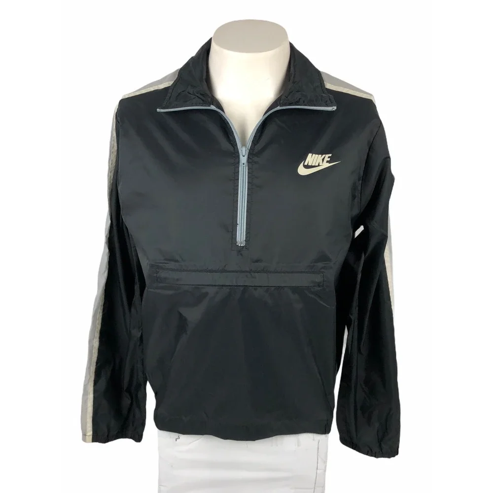 Nike Mens Small Windbreaker Anorak Nylon Black Gray Vintage 1/2 Zip 80s Rare